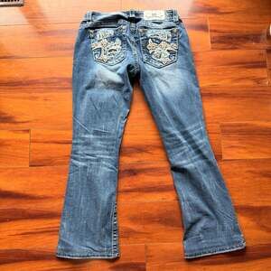 Miss Me Size 26 Mid-Rise Easy Bootcut Jeans with Ornate Sequined Cross Pockets